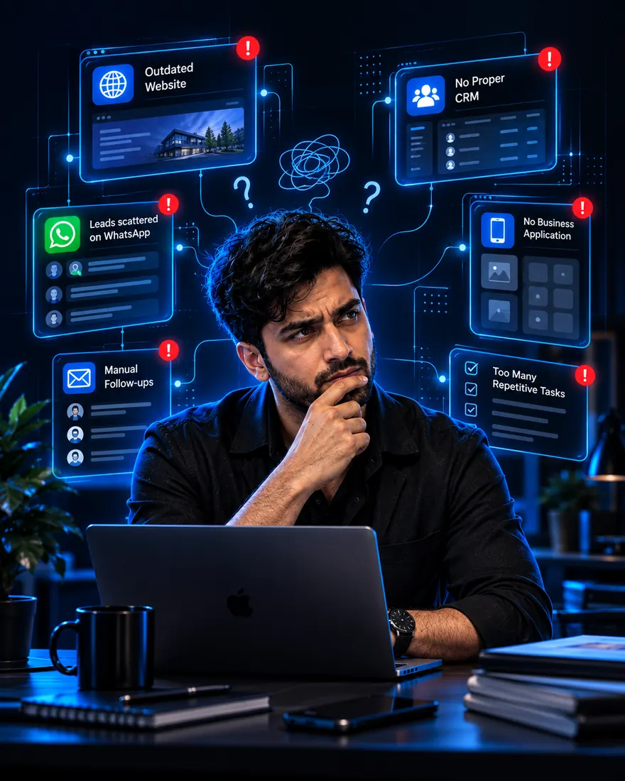A business owner facing scattered tools: outdated website, WhatsApp leads, no CRM, and too many manual tasks